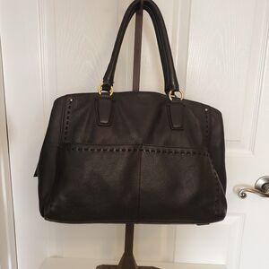 Cole Haan Black Pebble Leather Satchel Gold Hardware Stitching Detail